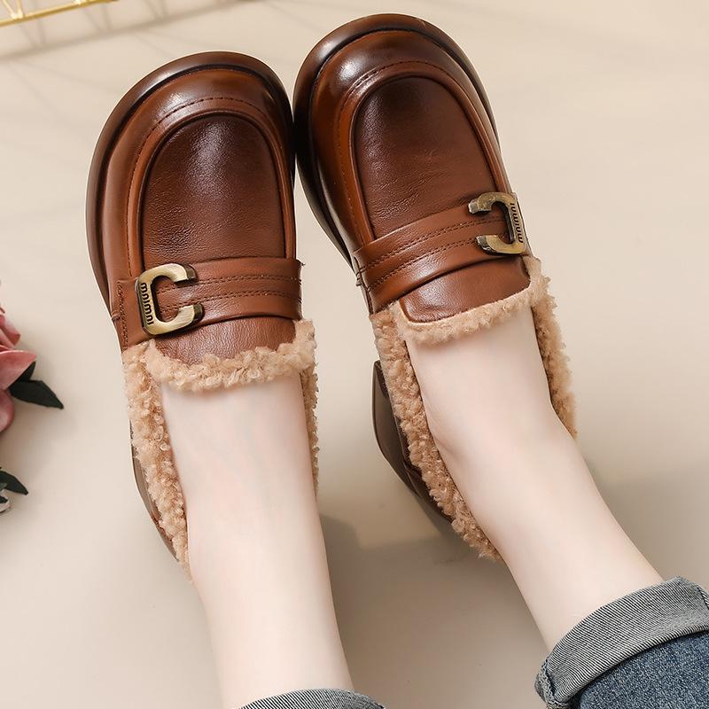 Soft leather winter fluffy shoes medium heel loafer shoes fleece leather shoes soft leather thick heel single shoes women's high heel thick sole