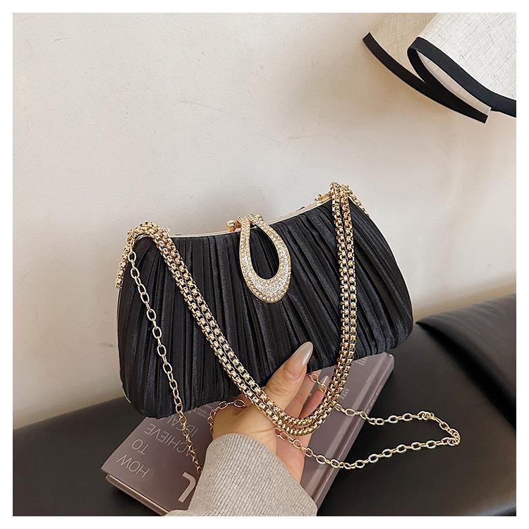 Women's Elegant Satin Evening Bag Pleated Clutch Wedding Purse Chains Party Prom Handbags with Rhinestones for Wedding Bride