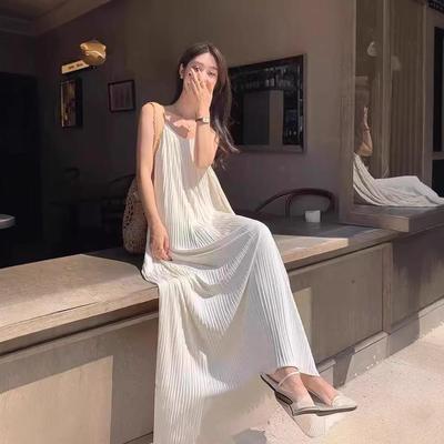 Women's Pleated Camisole Dress: Versatile, Slimming, Solid Color, Long Style