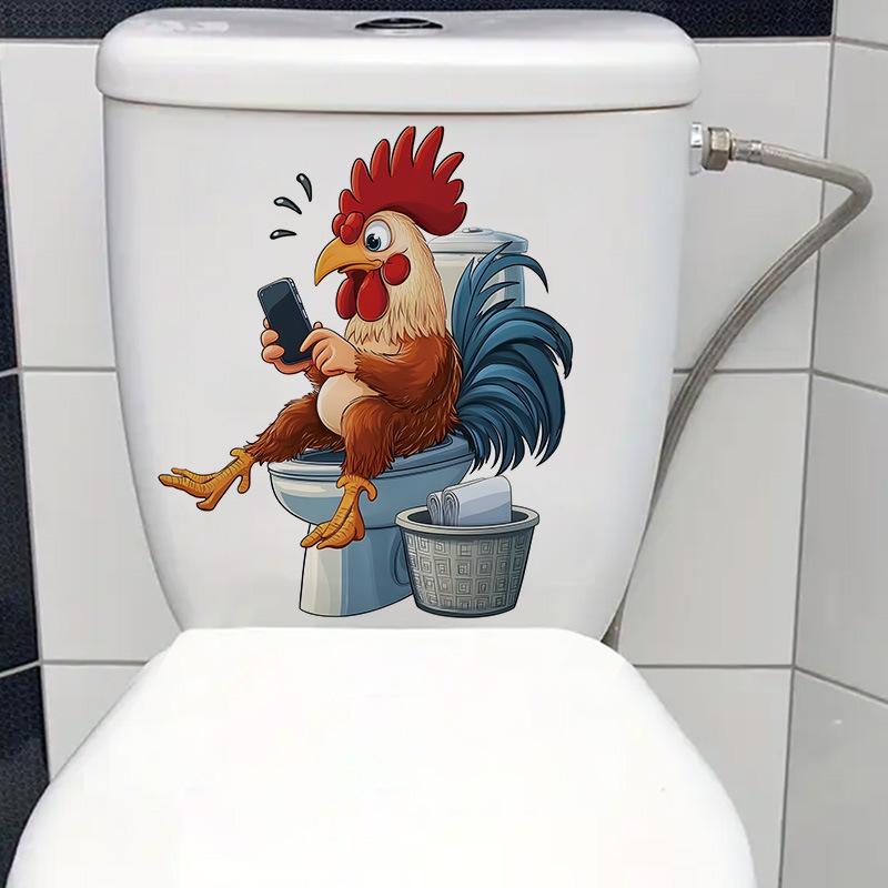 Coq de dessin animé drôle jouant au smartphone Sticker mural de toilettes Auto-adhésif Imperméable Amovible Décoration murale de salle de bain Maison Art