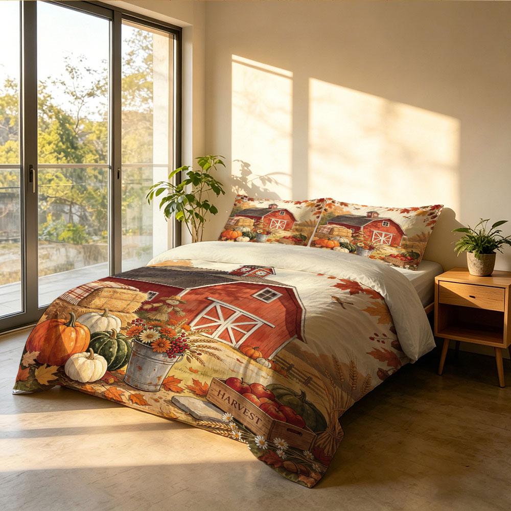 Vintage Fall Red Barn Pumpkin 3Pcs Duvet Cover Set Autumn Maple Leaf Farmhouse Harvest Bedding Decor