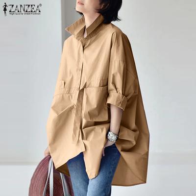 Womens Casual Turn Down Collar 3/4 Sleeve Loose Blouse Shirts