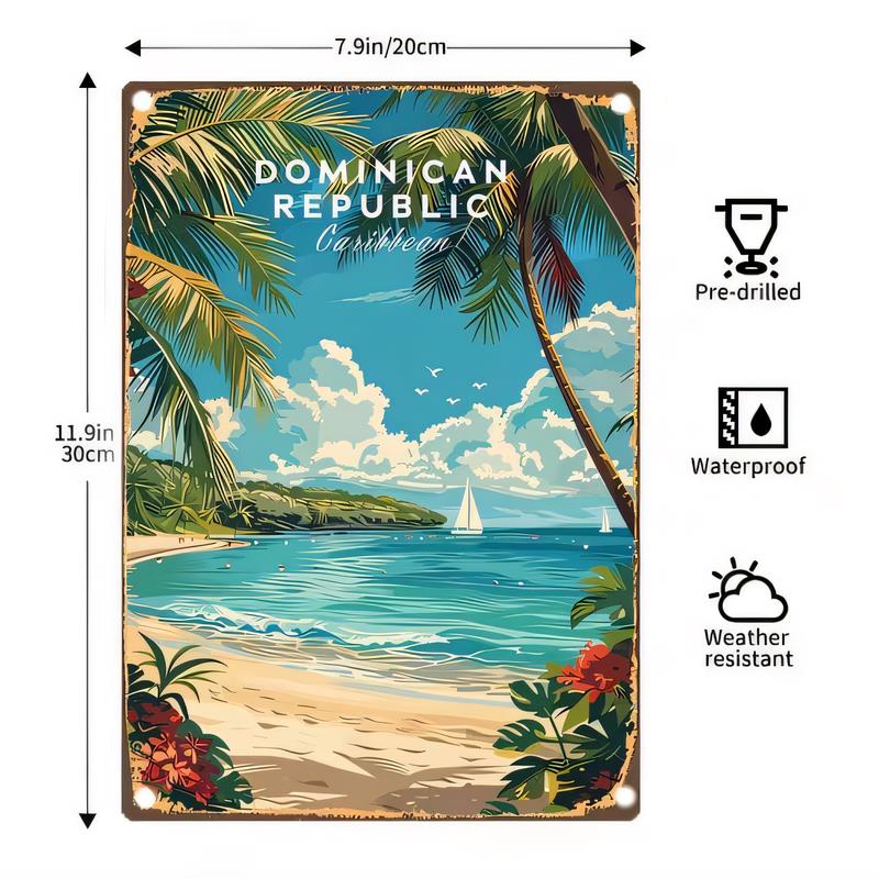 Tin Sign Dominican Republic Vintage Beach Palms Ocean Travel Poster Metal Wall Decor PreDrilled Waterproof Weather Resistant