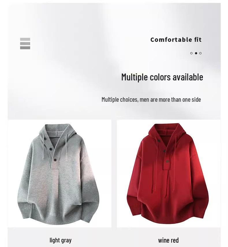 Men's Heavyweight Solid Color Knit Hooded Sweater - Loose Fit Casual Pullover for Autumn/Winter
