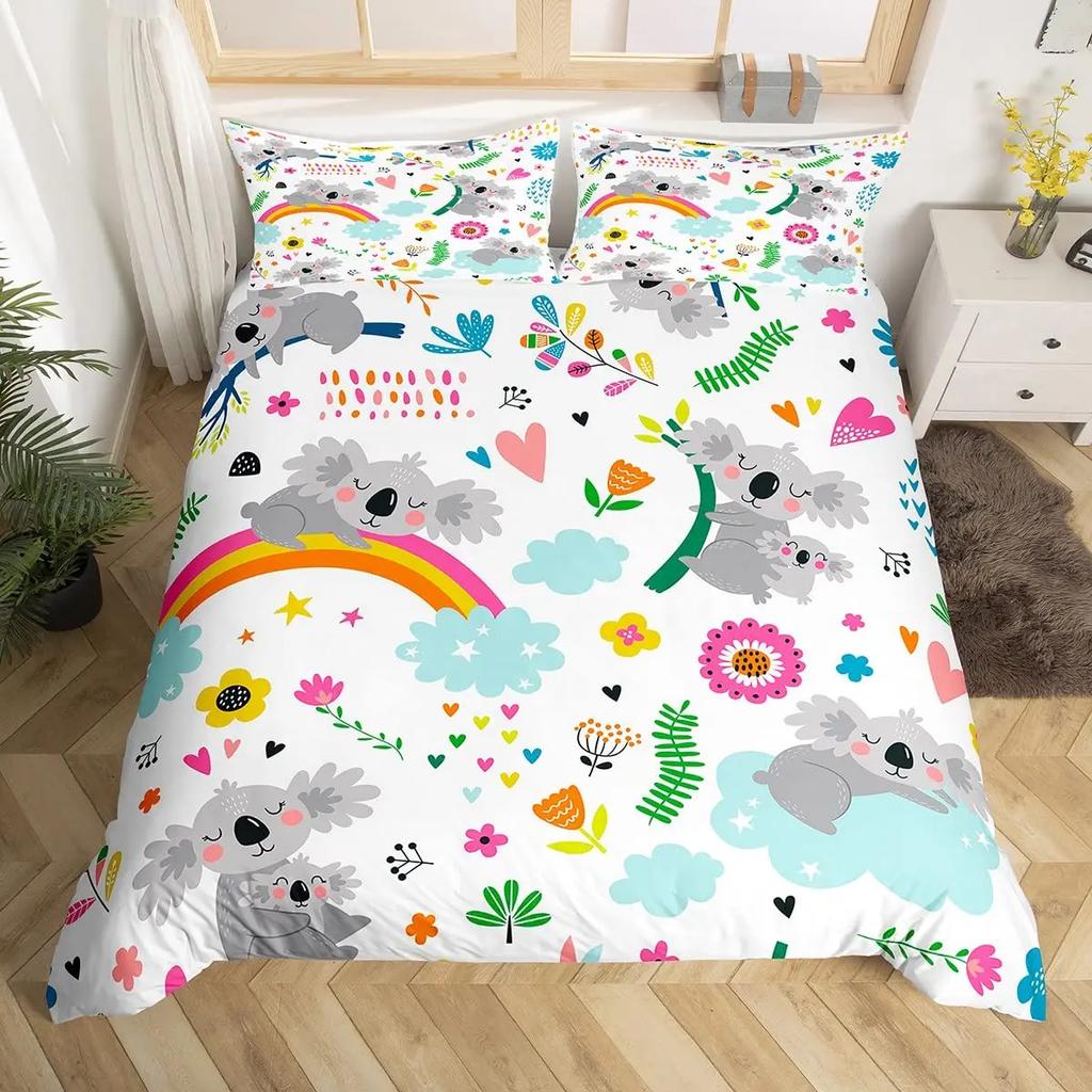 Koala-Bettwäsche-Set für Kinder, niedliches Tiermuster, Jungen und Mädchen, Regenbogen-Schmetterlings-Bettbezug, Blumenmuster