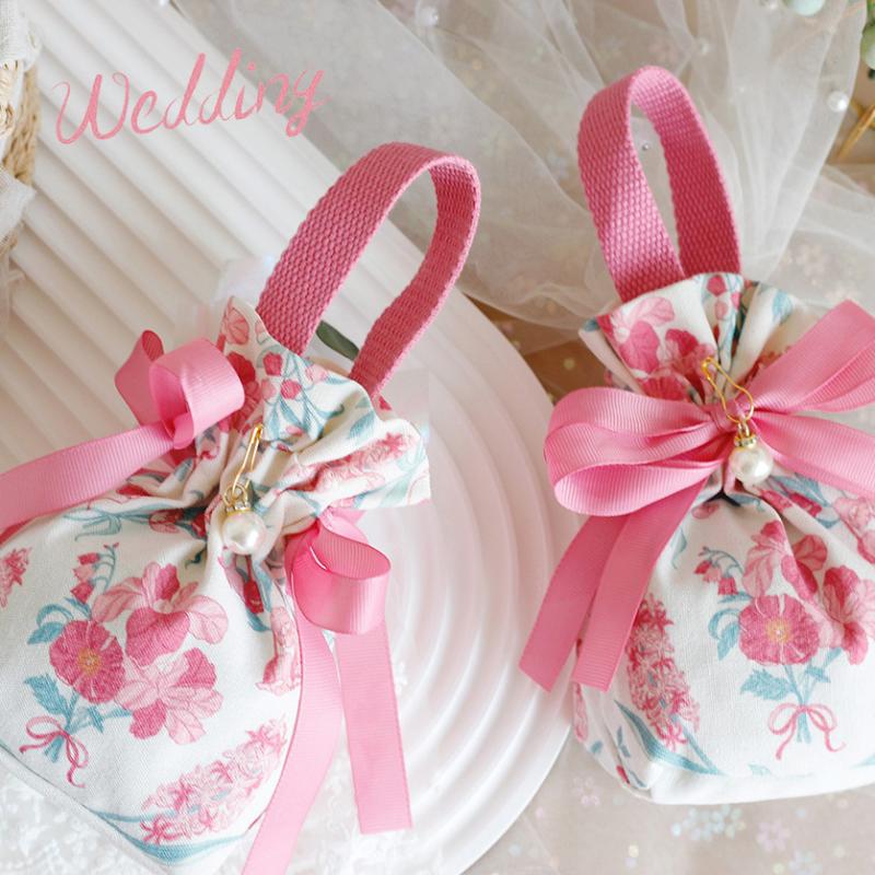 Small Floral Canvas Drawstring Bag Small Bowknot Jewelry Pouch With Pearl Chain Wedding Candy Packaging Bag
