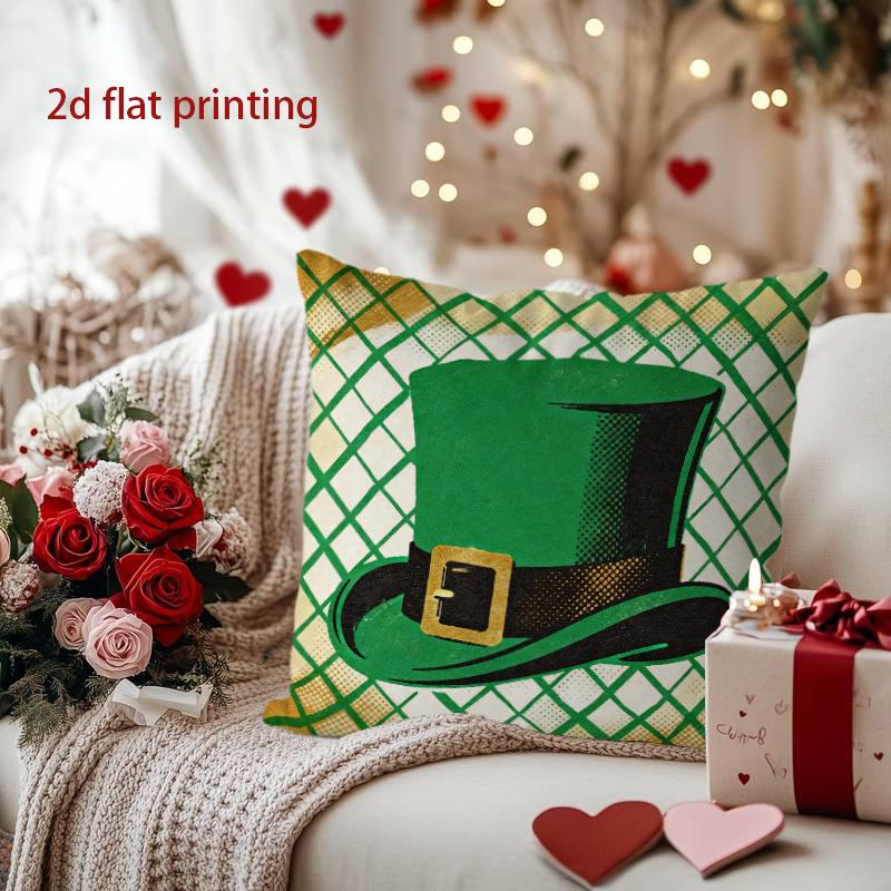 St. Patrick's Day Green Top Hat Patterned Pillow Cover Pattern Cushion Cover Suitable for Sofa Bedroom Car Pillow Cover