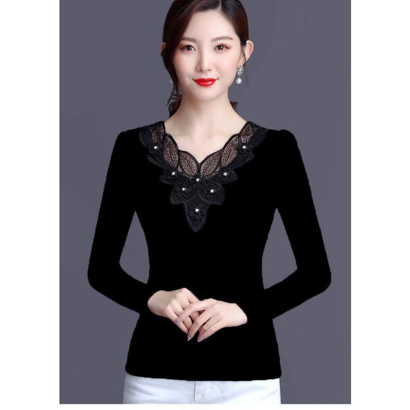 Women's New Velvet and Thickened Autumn Clothes Black Mesh Bottoming Shirt Women's Lace Fashionable Top