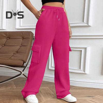 Women Cargo Pants Elastic Waist Adjustable Drawstring Straight Wide Leg Trousers Solid Color Sport Long Pants