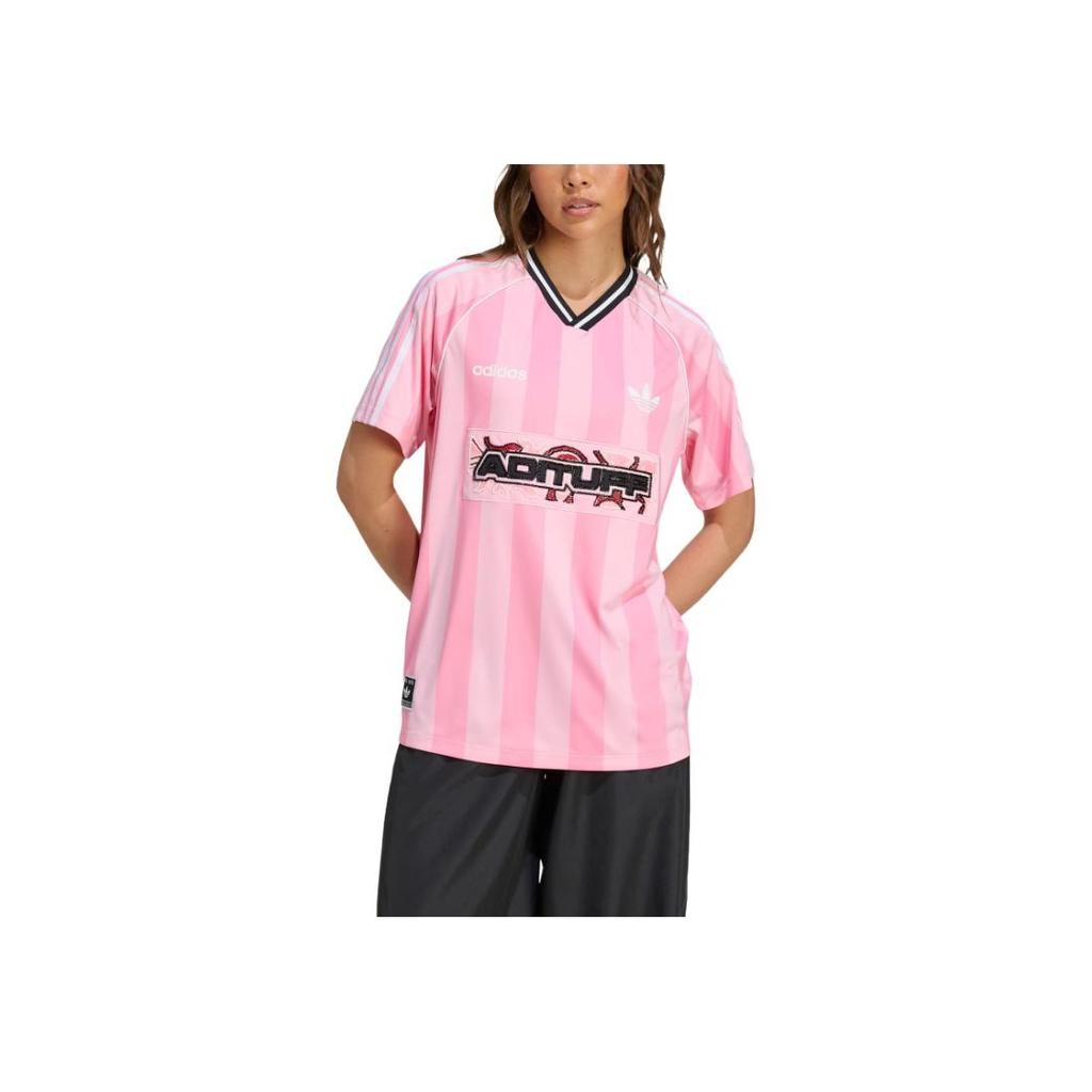 adidas Originals Ss25 Perline Jersey Vestibilità Ampia Scollo a V Manica Corta Maglia da Calcio Top da Donna Rosa Rosa Chiaro KD2272