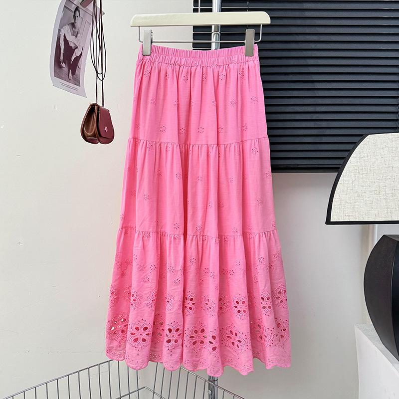 Sanfter und süßer, hohl bestickter Pendel-A-förmiger Rock, weißer Rock, Frühling und Sommer 2025, neuer hoch taillierter mittellanger und langer Rock