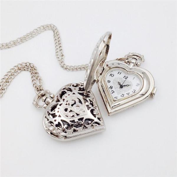 Hollow Heart-Shaped Pocket Watch Necklace Pendant Chain Women