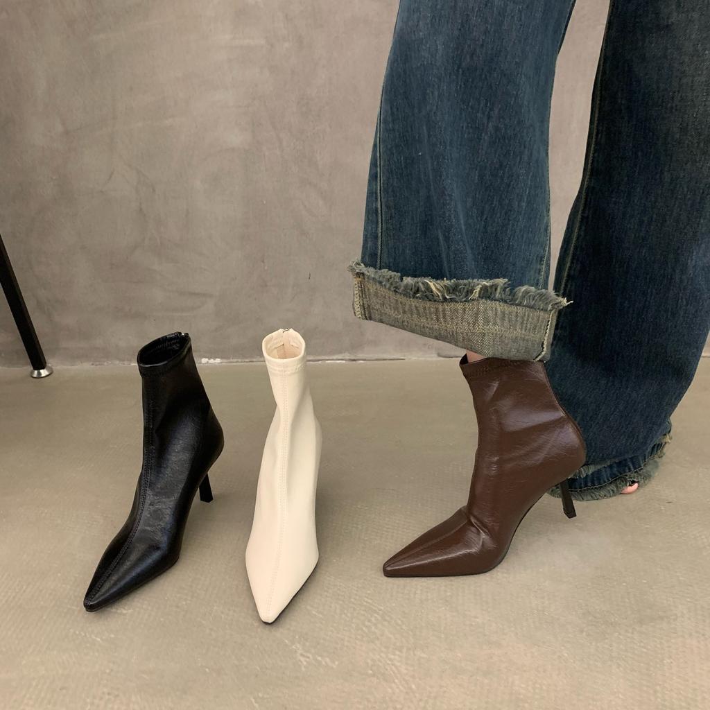 Thin heel high heel spring and autumn single boots pointed short boots women's shoes 2025 new white Korean thin small naked boots