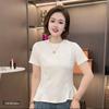 2026 Summer Women's Ruffle Hem Jelly Cotton Slim Fit T-shirt, Round Neck, Short Sleeve, Solid Color