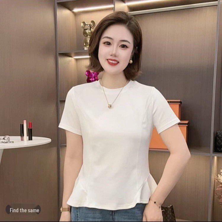 2026 Summer Women's Ruffle Hem Jelly Cotton Slim Fit T-shirt, Round Neck, Short Sleeve, Solid Color