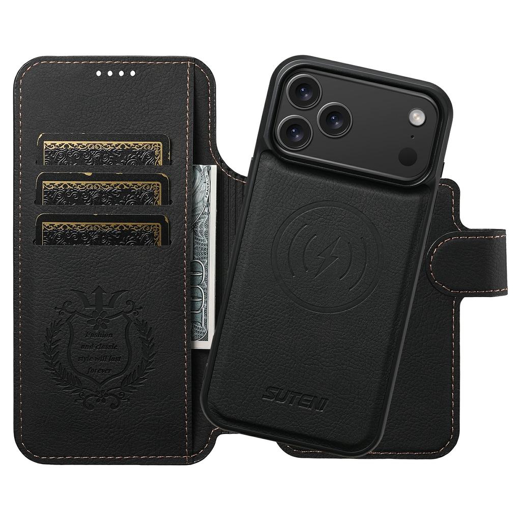 SUTENI Q-05 For iPhone 17 Pro Max Case Detachable Wallet Stand Litchi Texture Leather Flip Phone Cover