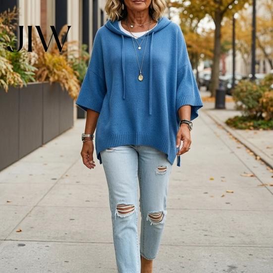 Fall Pullover Sweater Autumn Women Knit Sweater, Loose Fit Drawstring Hooded Solid Color 3/4 Sleeve Drop Shoulder Casual Long Tops