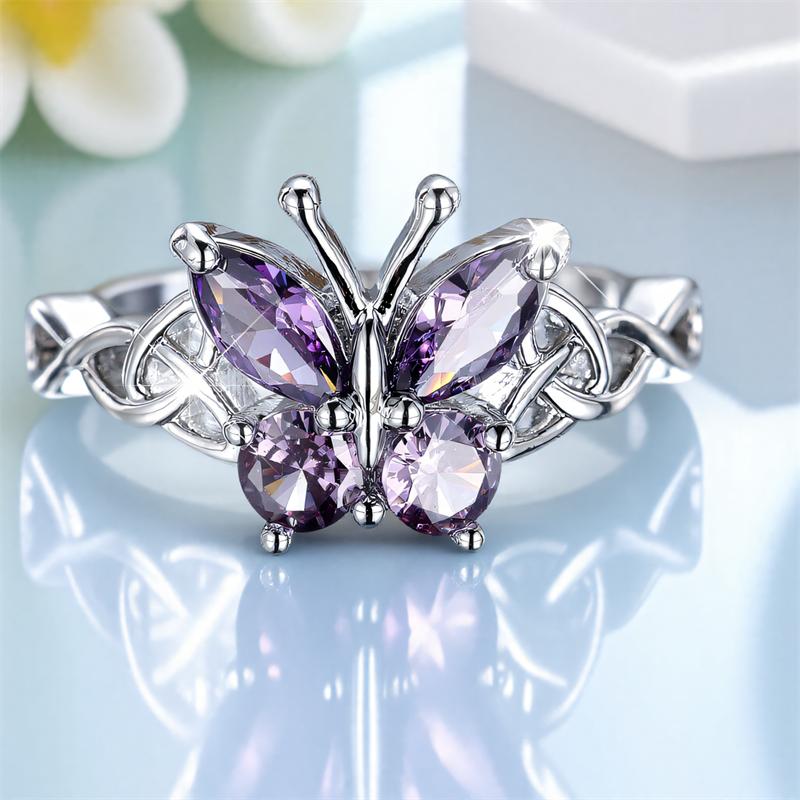 Cute Female Purple Zircon Stone Cute Butterfly Ring Silver Color Cross Engagement Charm Wedding Jewelry For Women
