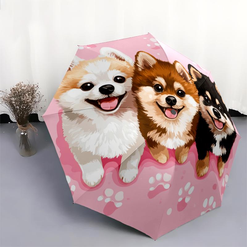 Pink Bichon pattern, automatic folding umbrella, portable and foldable design, 8 ribs, a Christmas or birthday gift.