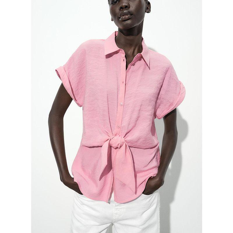 Summer New Women Clothes Single Row Multi-Buckle Comfortable Knot Decoration Short Sleeve Lapel Leisure Shirts Top 2298095