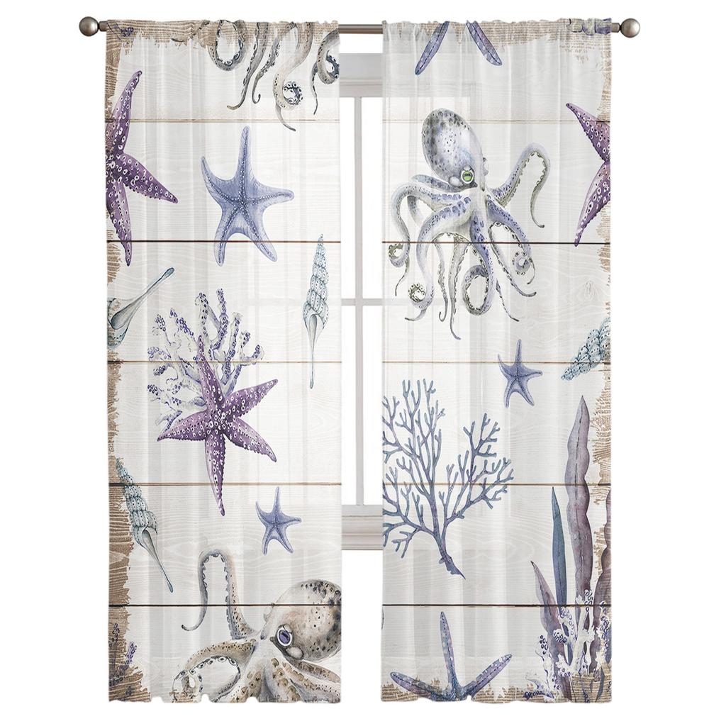 Tüllvorhang mit Meeresmotiven, Aquarell-Kreaturen, Seesterne, Oktopus, Voile, transparent, für Schlafzimmer, Wohnzimmer, durchsichtige Fenstervorhänge