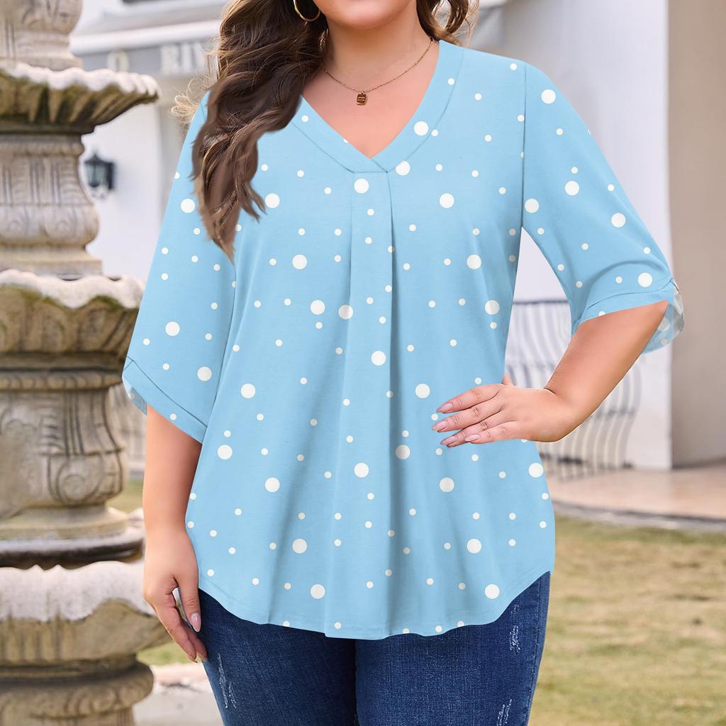 Women's Fashion Large Size Print V-Neck Three-quarter Sleeve Top