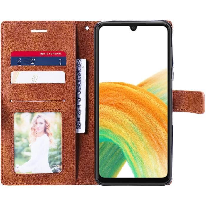 Coque pour Samsung Galaxy A33 5G + 2 Verres Trempés - BOOLING - Effet Cuir Antichoc Intégral Marron