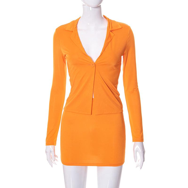 

Повседневные модные наряды, комплекты из двух предметов с длинным рукавом и одной пуговицей, рубашки и юбки, комплекты, облегающие, комплекты S оранжевый