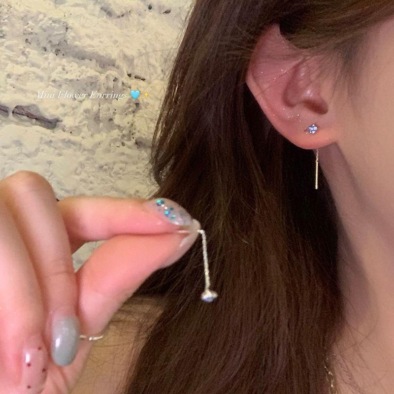 

Spring Blue Sparking Zirconium Small Fafa Tassel Hanging Earrings Light Luxury Minority Fancy Stud Earrings for Women Elegant Generous Earrings Blue Flower Ear Line Pair