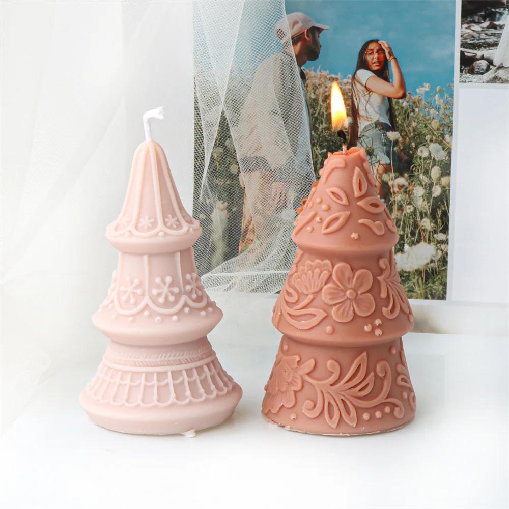 2025 Christmas tree candle silicone mold embossed pattern cone Christmas tree mould Christmas gift lace Santa tree resin molds