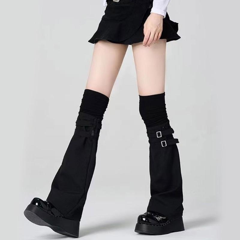 Harajuku Aesthetic Solid Color Leg Warmer Long Socks for Women Punk Buckled Strap Fastener Flared Leg Sleeves Streetwear