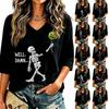 Women's Casual 3/4 Sleeve V-Neck Top with Halloween Print