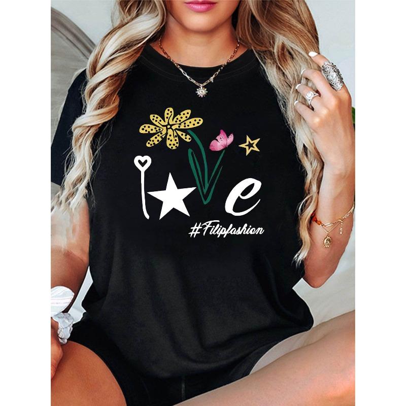 

Floral Love Letter Print T-shirt | Short Sleeve Crew Neck Casual Top for Spring/Summer, Women S Clothing, Ideal for Casual Outings and Festive Gifts S чёрный