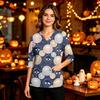 Damen Casual Uniform Top mit Halloween-Print, V-Ausschnitt, Taschen, Seitenschlitz und Dreiviertelärmeln