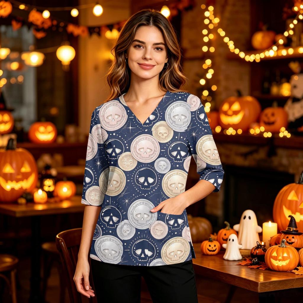 Damen Casual Uniform Top mit Halloween-Print, V-Ausschnitt, Taschen, Seitenschlitz und Dreiviertelärmeln