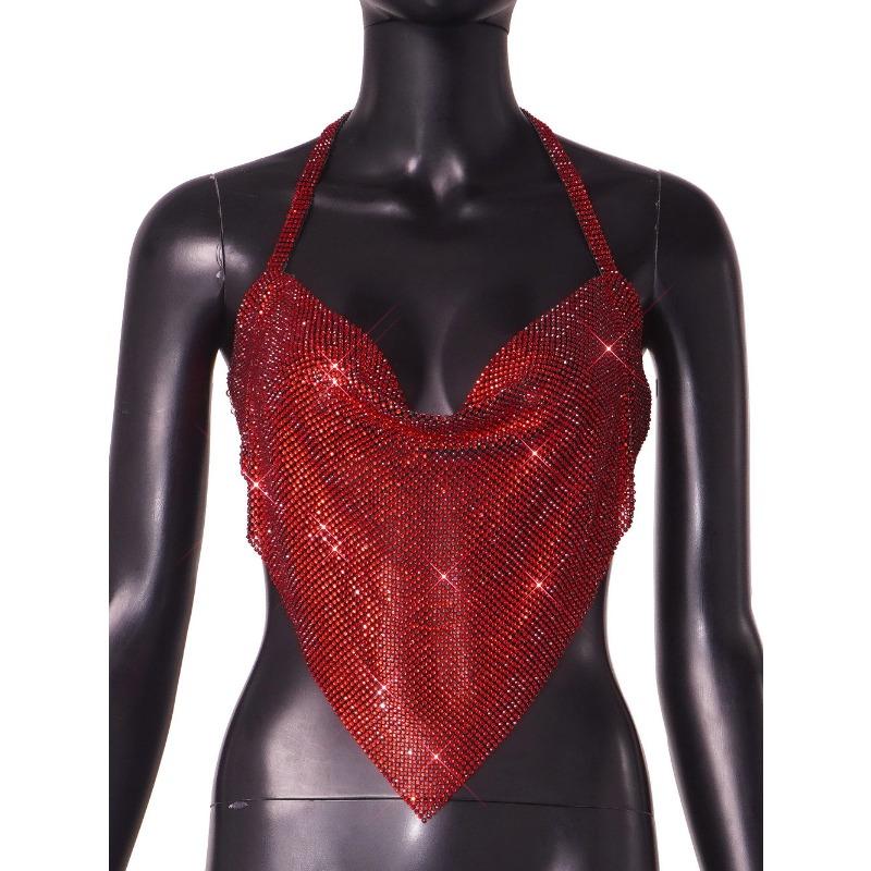 Rhinestone Halter Neck Backless Crop Top S