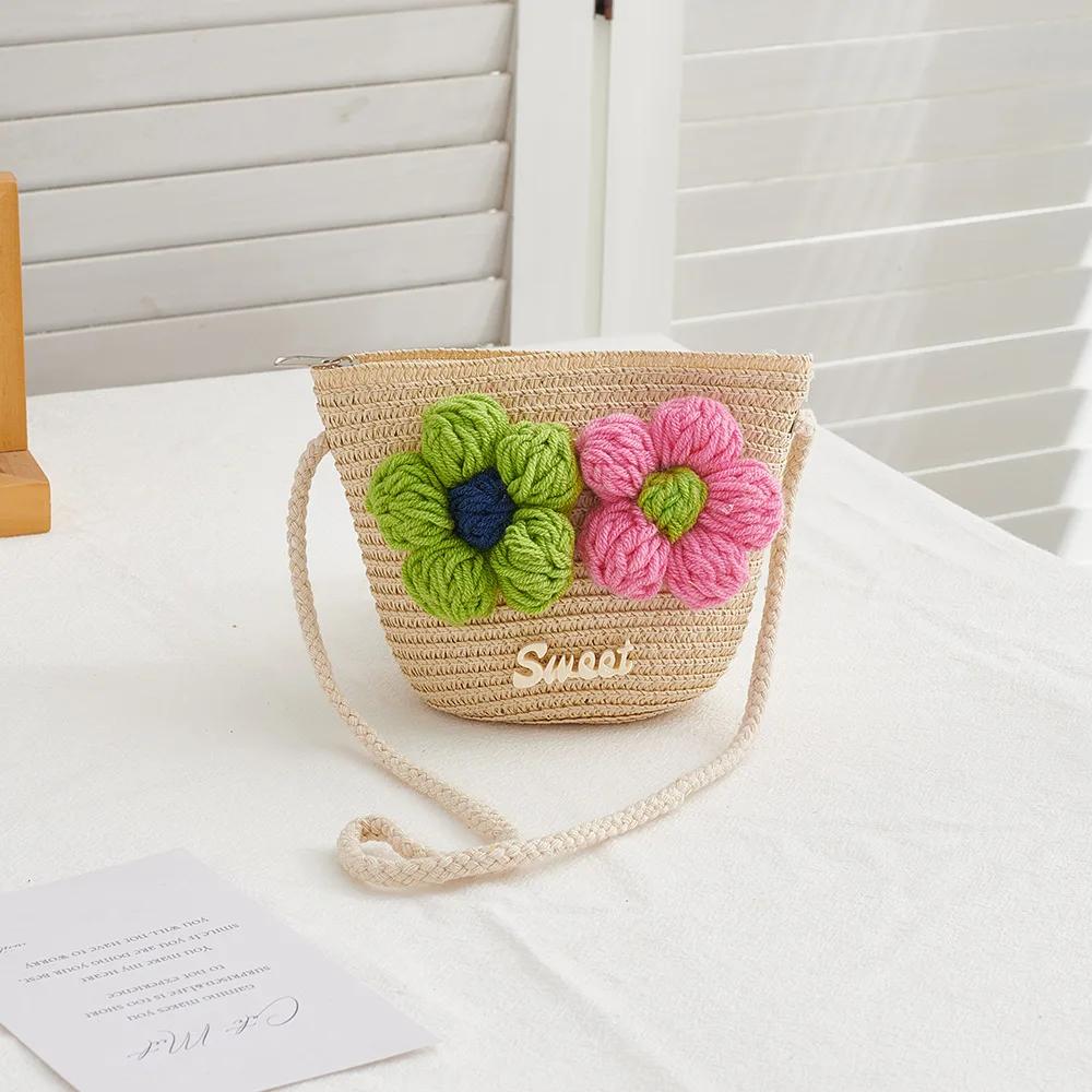 

Summer Flower Baby Girls Straw Woven Shoulder Bags Outdoor Travel Kids Beach Crossbody Bucket Bag Casual Children Purse Handbags бежевый