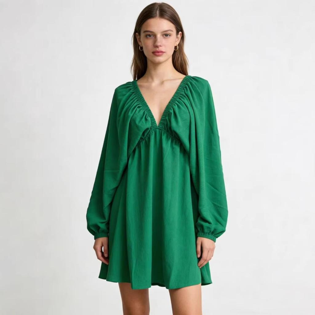 New Original Design V Neck Long Puff Sleeve Swing A-line Dress for Women, Casual Party Dress for European American Crossborder