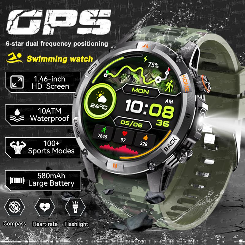 New Adventure GPS Map Navigation Smart Watch AMOLED Screen 10ATM Waterproof Clock Compass Flashlight BT Call Smartwatch Men