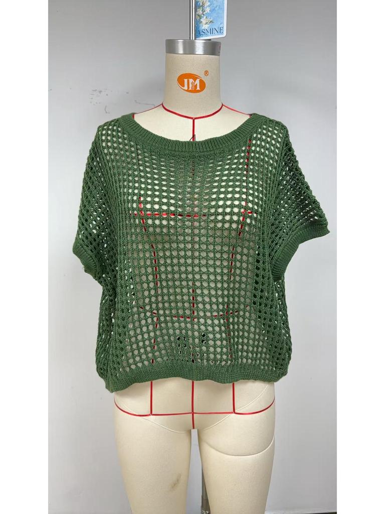 2025 Summer Women's Five-Sleeve Sexy Cutout Knit Beach Cover-Up Sweater