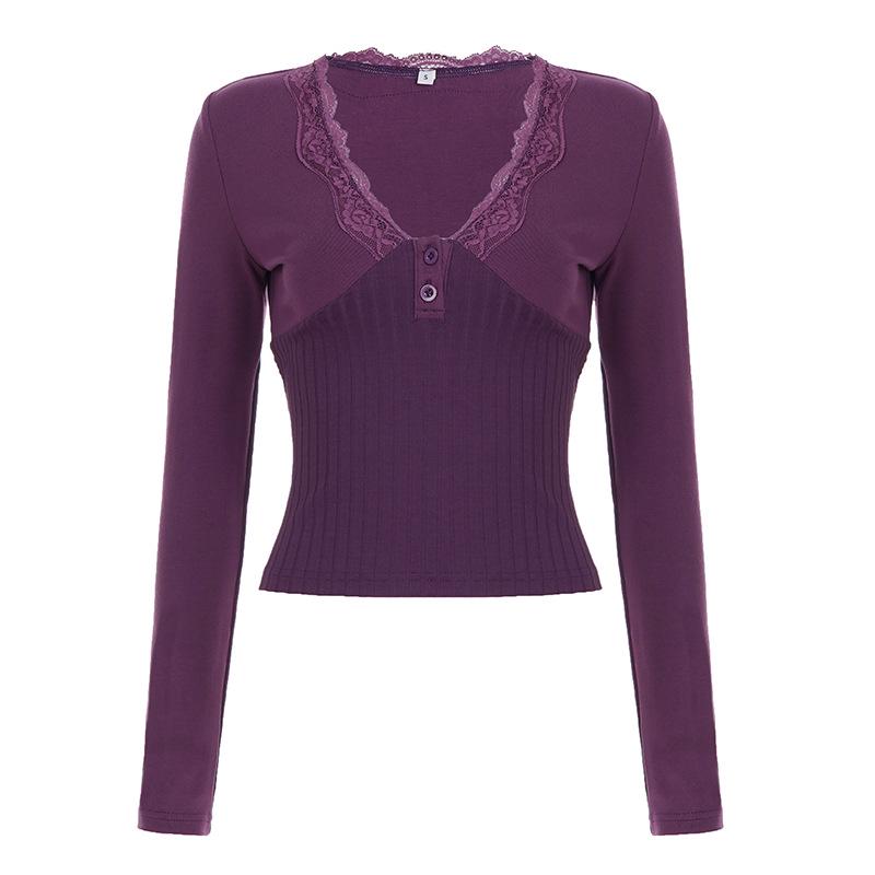 European & American Sexy V-Neck Lace Patchwork Slimming Top - Women s Fashion Basic Tee Small