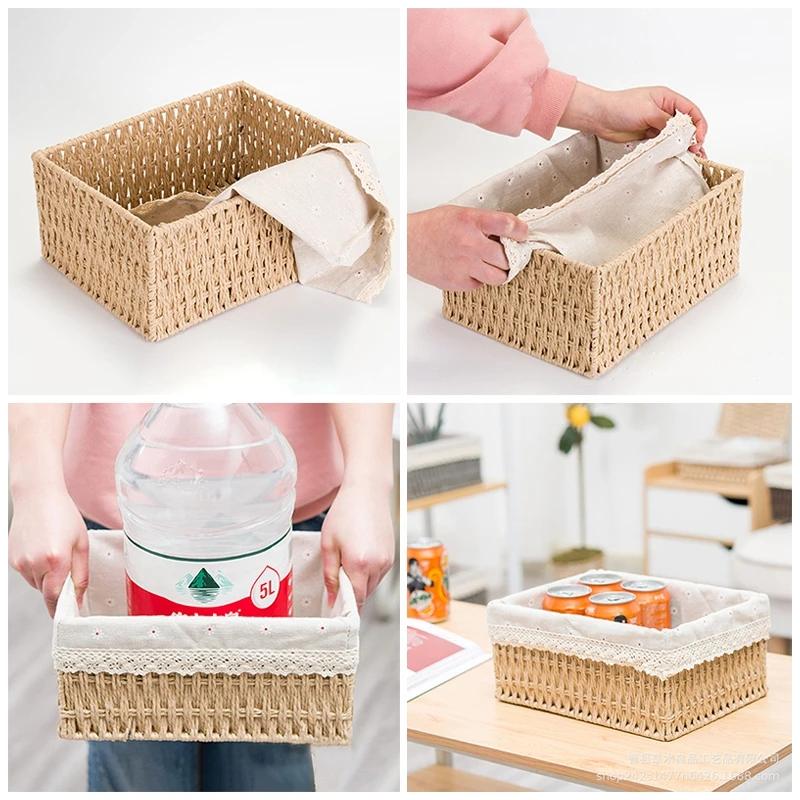 Handwoven Storage Baskets Sundries Organizer with Lid Rectangular Cosmetics Box Clothes Laundry Basket Towel Toys Container Lid