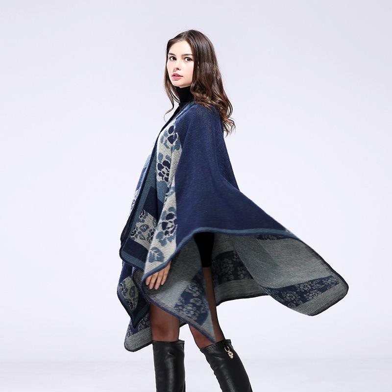 Wind Lady Autumn and Winter Thickened Small Flower Warm Imitation Cashmere Shawl Cape Wear Coat On Both Sides Lady Scarf