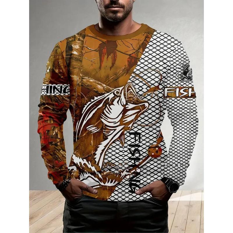 Outdoor fishing 3D fish print men's casual loose round neck long sleeved T-shirt