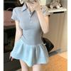 Women's Summer Polo Collar Long-Sleeve A-Line Dress with Cinched Waist - Petite Fit
