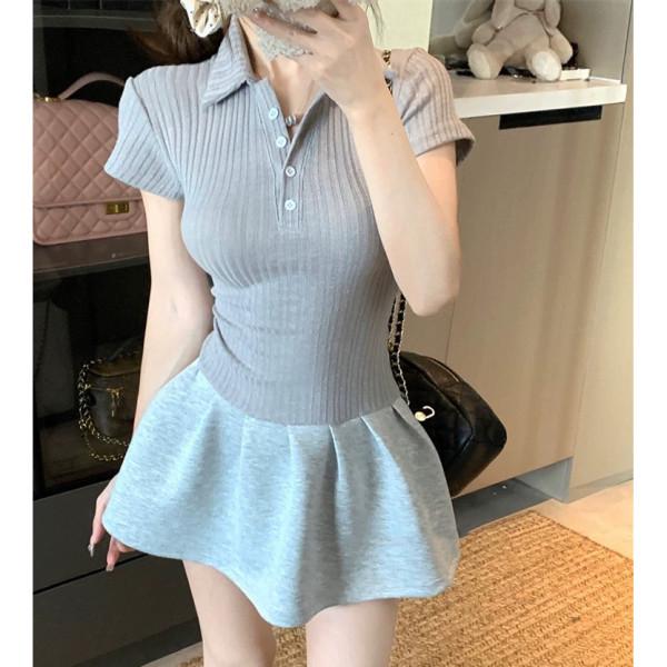 Women's Summer Polo Collar Long-Sleeve A-Line Dress with Cinched Waist - Petite Fit