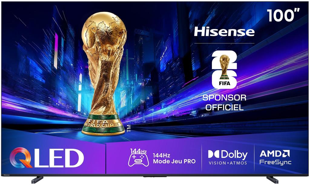 Hisense 100E7Q Pro - TV QLED 100" (253 Cm) - 4K UHD 3840x2160 - 144 Hz - Dolby Vision - TV Connecté - 4xHDMI 2.1 - WiFi