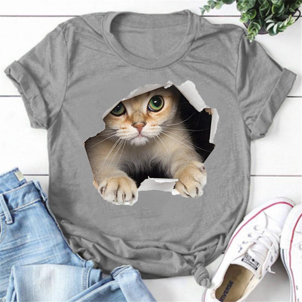 ZIMOXUAN Cute Cat Print T-shirts For Women Summer Lovely Short Sleeve Casual Round Neck T-shirts Ladies Creative Personalized Tops