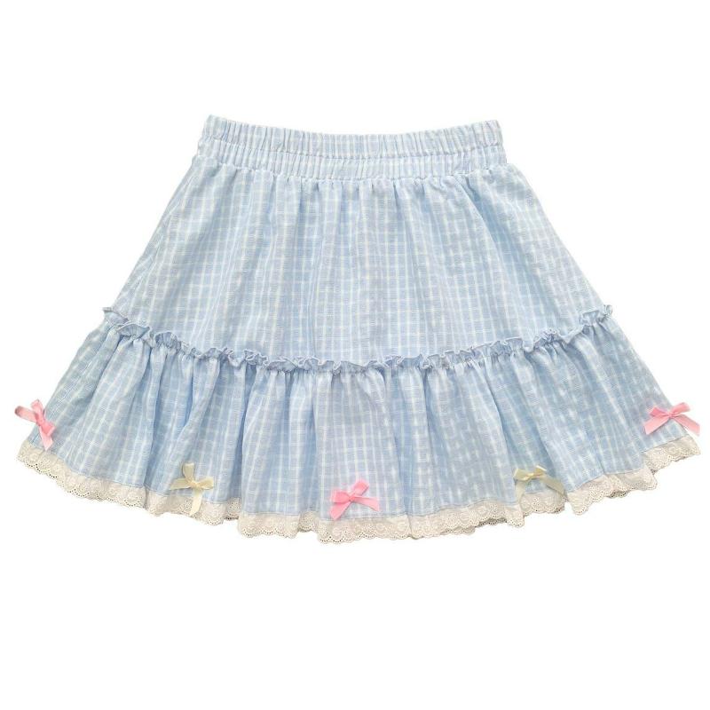 

Kawaii Lolita синяя клетчатая мини-юбка для женщин Y2k Короткие юбки с эстетическим бантом в японском стиле консервативный стиль плиссированная юбка феи 2024 S синий