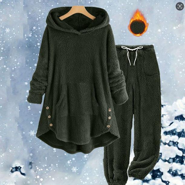 

Пушистый пижамный комплект для женщин Зимняя теплая плюшевая одежда для сна больших размеров Худи и брюки на кулиске Свободные пушистые пижамные костюмы XL темно-зеленого